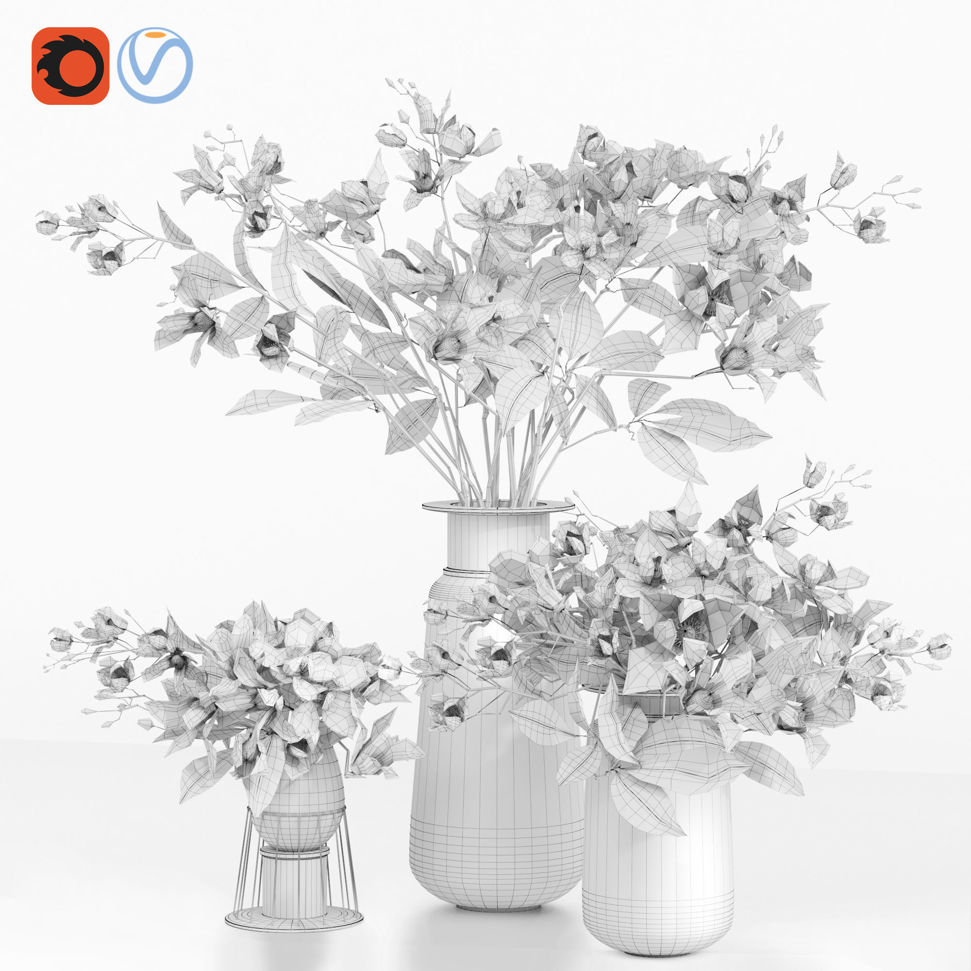 Gardenia Flower Bouquet Vase decor set 3D model_14