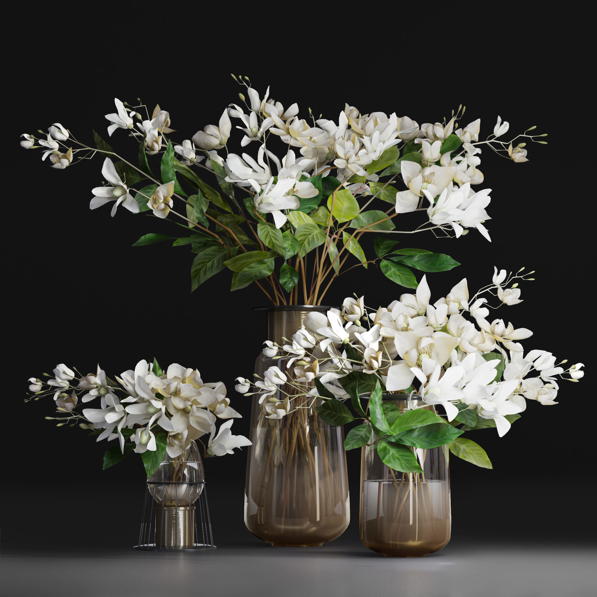 Gardenia Flower Bouquet Vase decor set 3D model_1