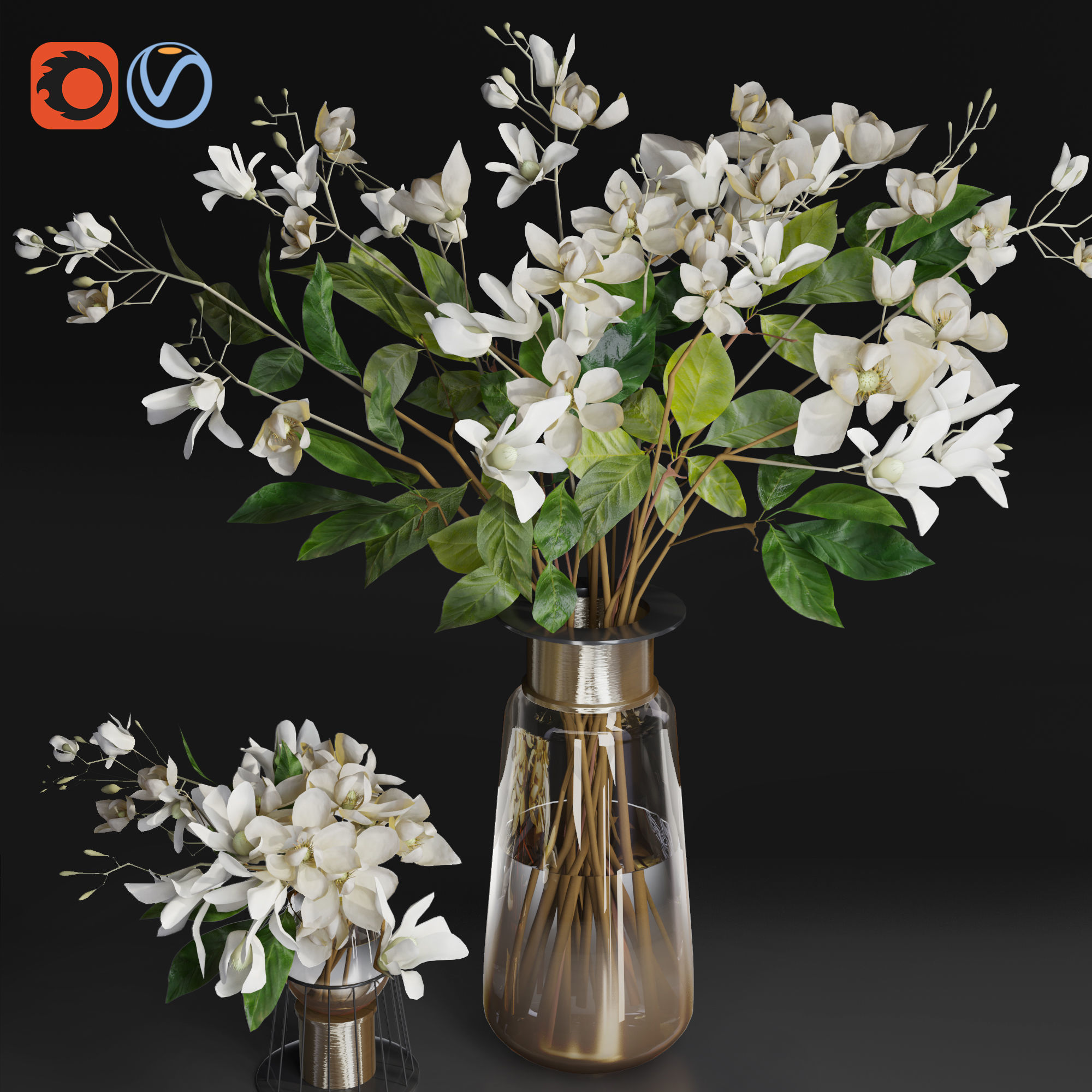 Gardenia Flower Bouquet Vase decor set 3D model_11