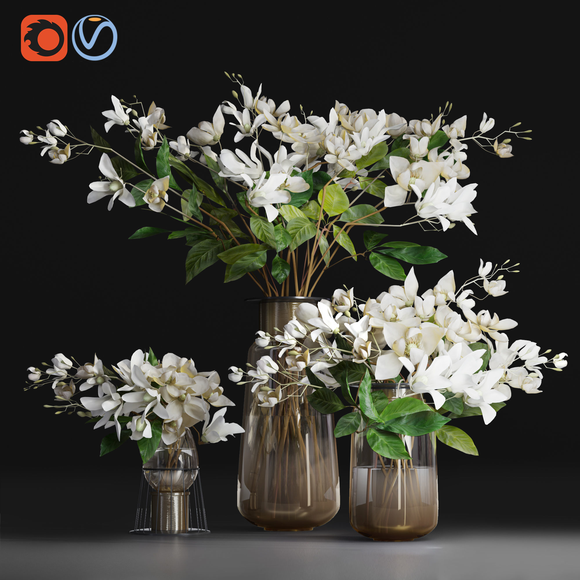 Gardenia Flower Bouquet Vase decor set 3D model_8
