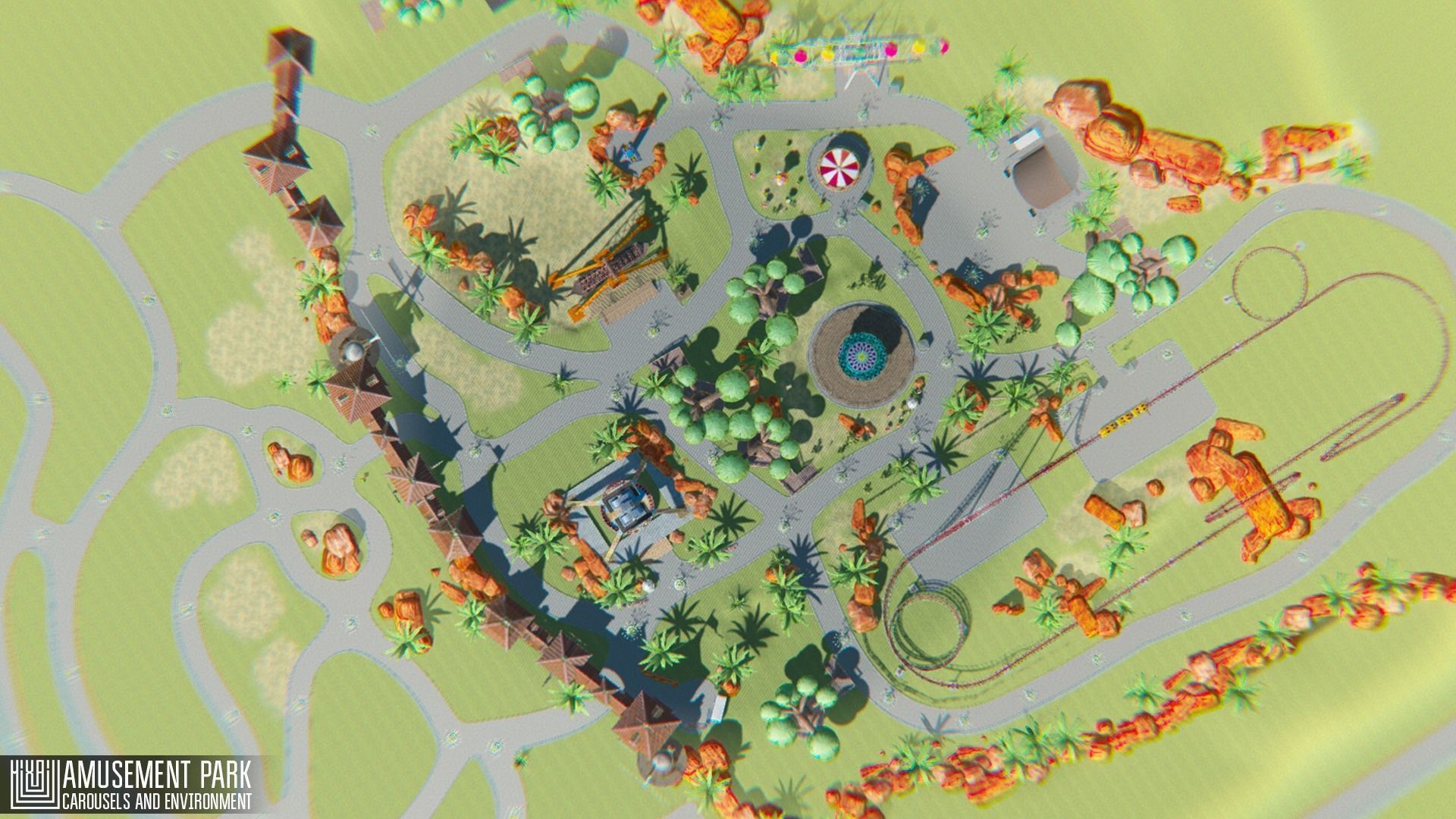 Amusement park - attractions  carousels and environment Low-poly 3D model_8
