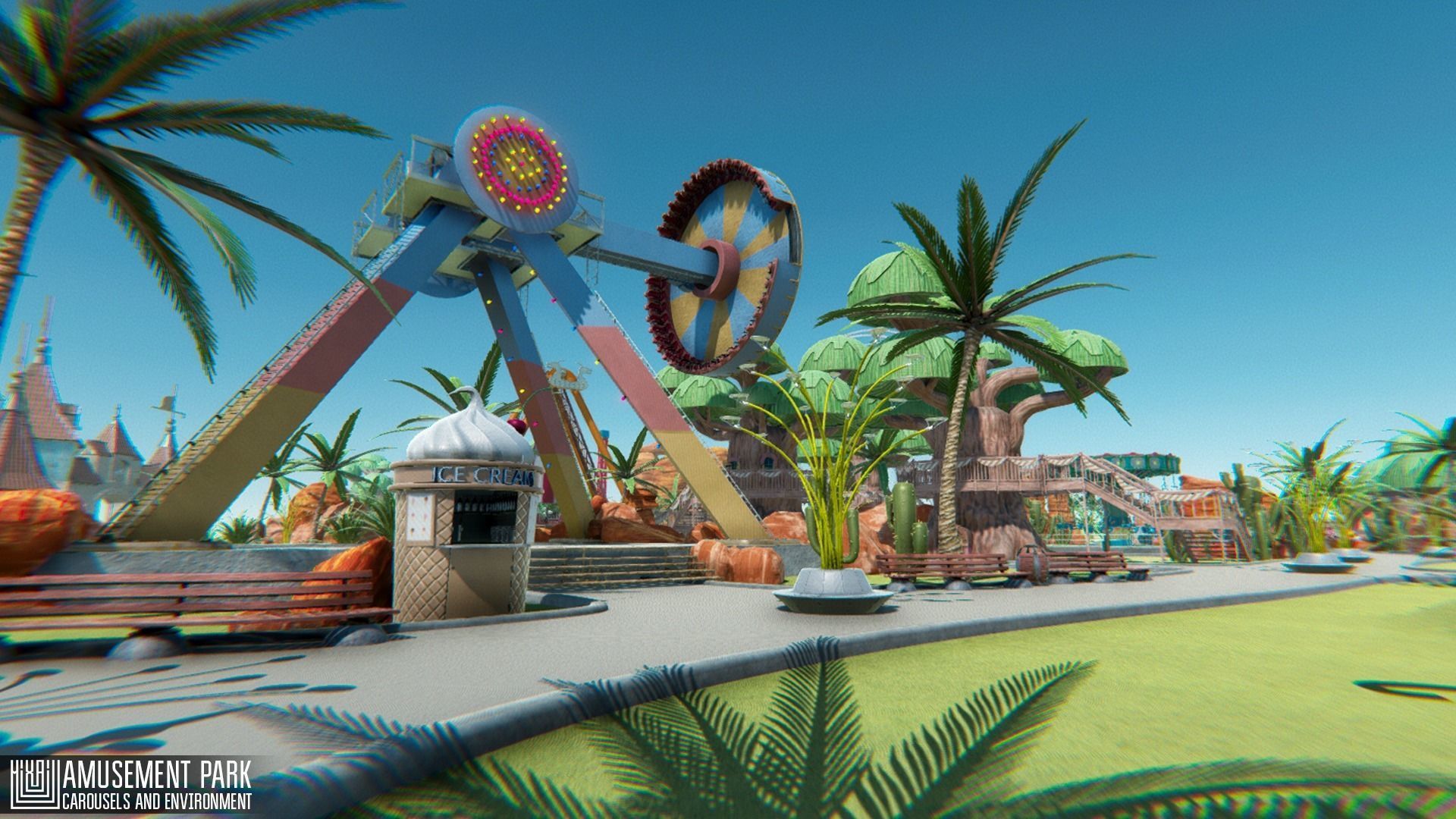 Amusement park - attractions  carousels and environment Low-poly 3D model_1