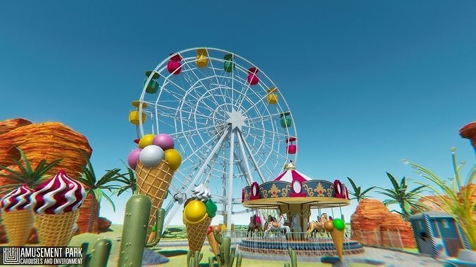 Amusement park - attractions  carousels and environment Low-poly 3D model 3