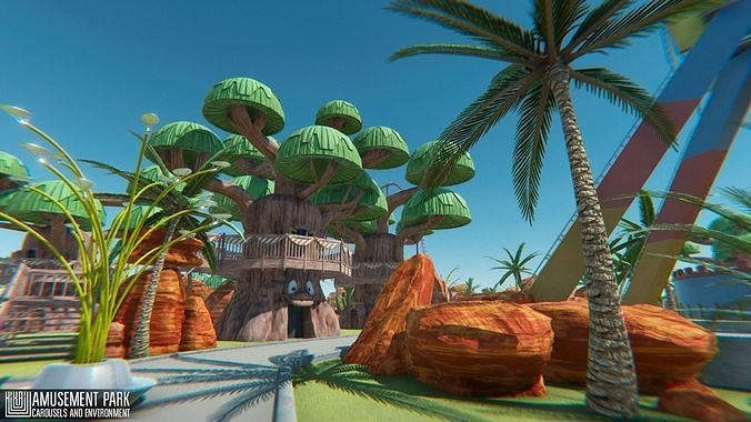 Amusement park - attractions  carousels and environment Low-poly 3D model