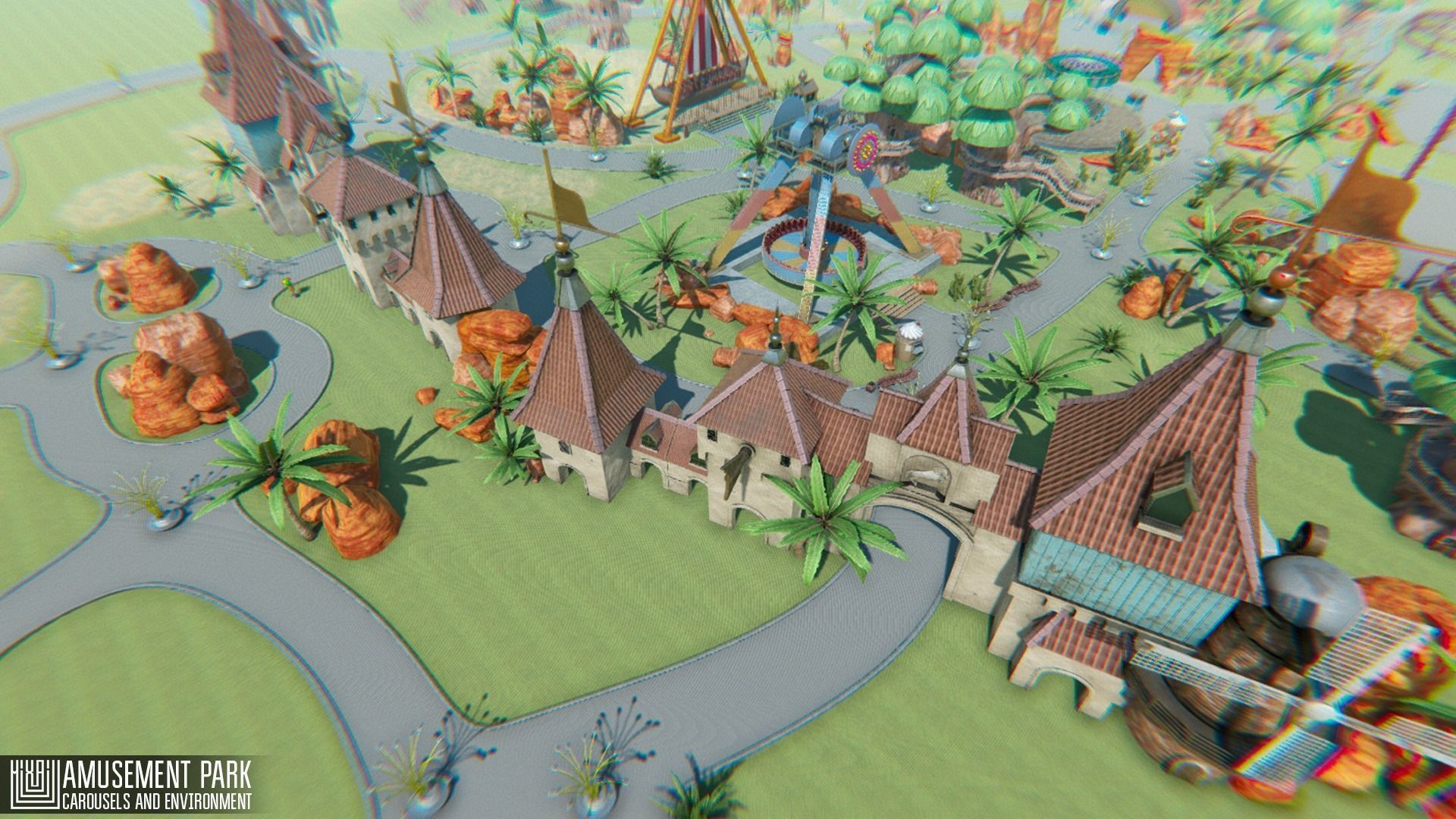 Amusement park - attractions  carousels and environment Low-poly 3D model_7