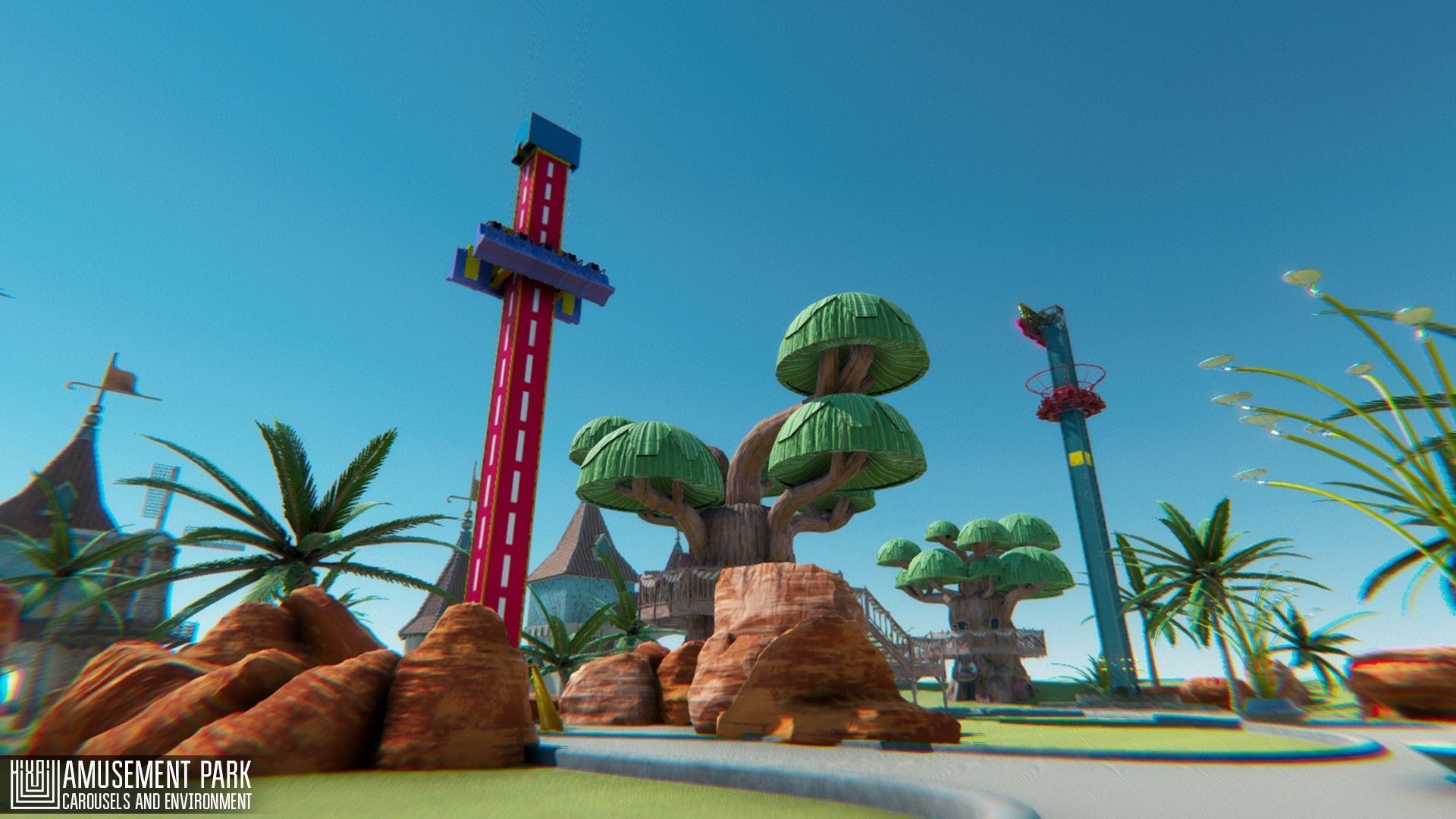 Amusement park - attractions  carousels and environment Low-poly 3D model_5