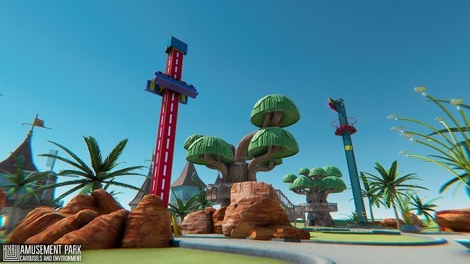 Amusement park - attractions  carousels and environment Low-poly 3D model 6