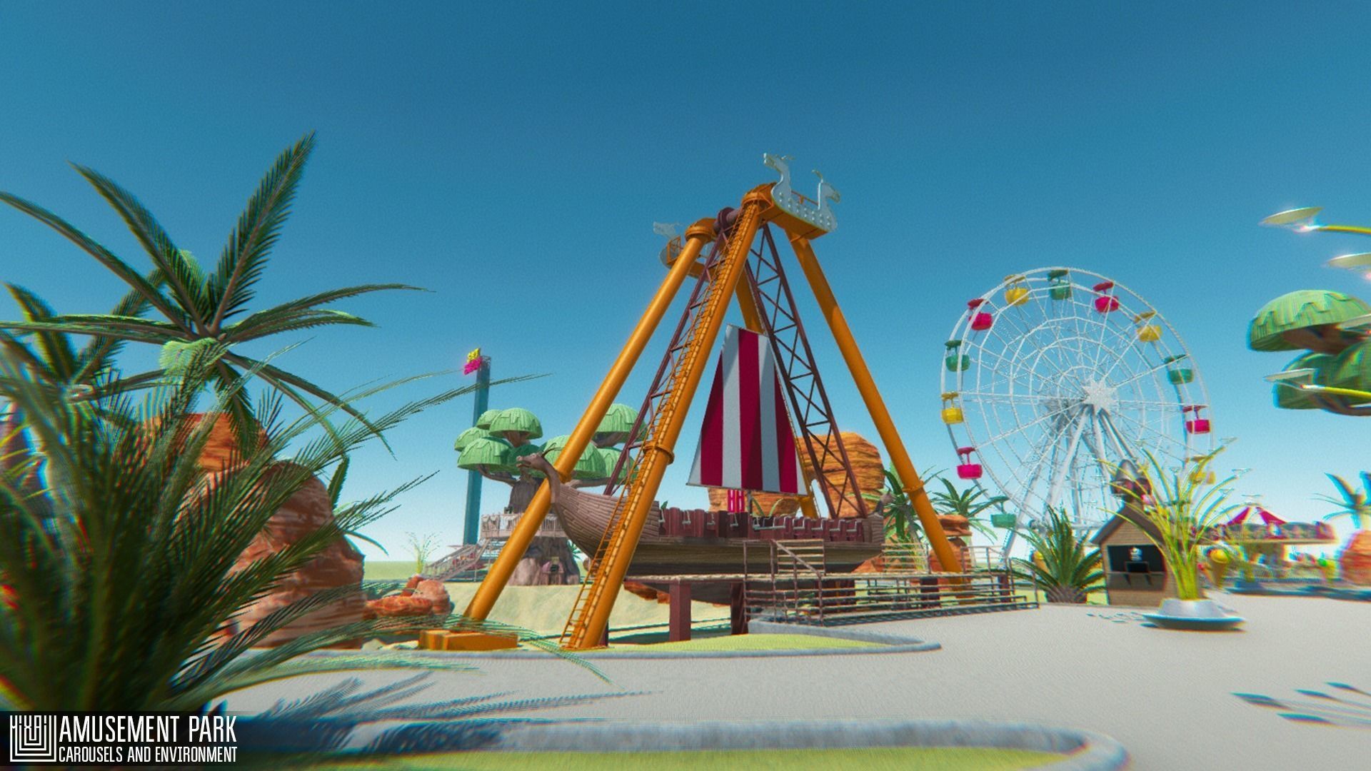 Amusement park - attractions  carousels and environment Low-poly 3D model_13