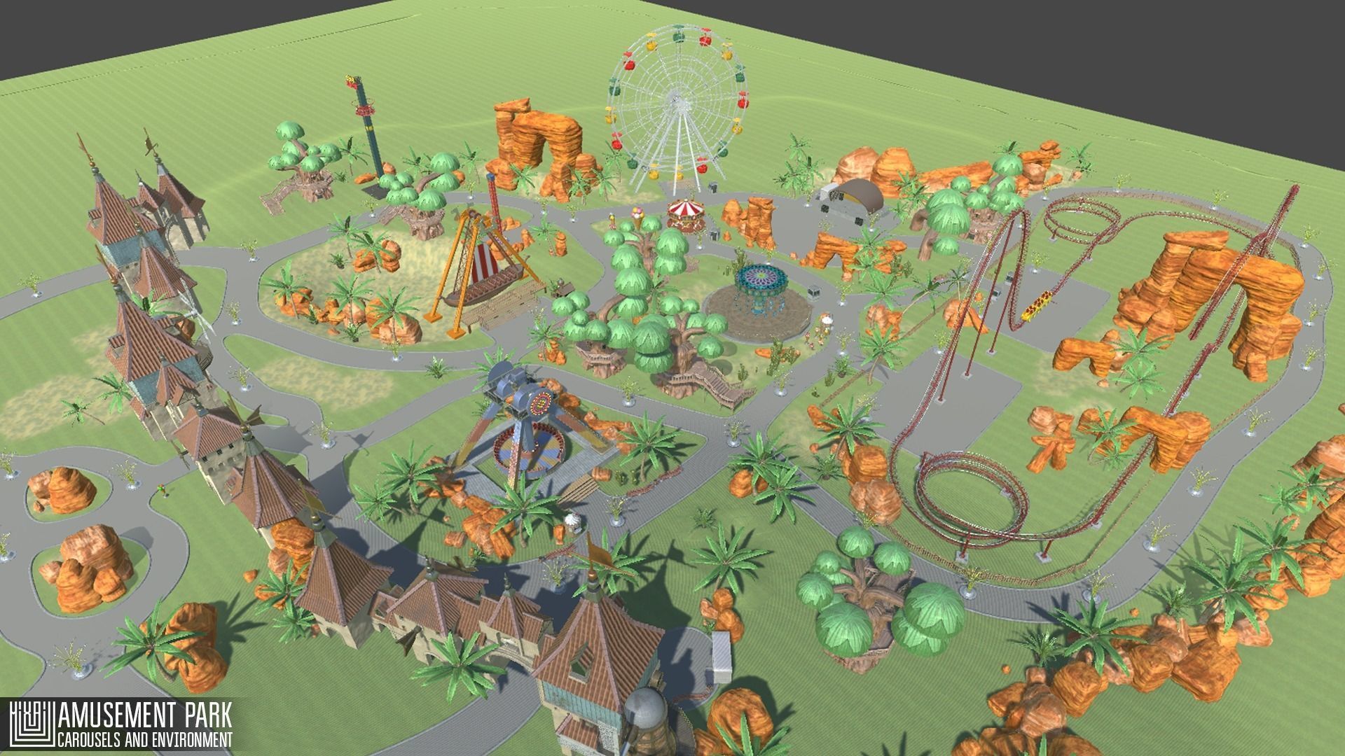 Amusement park - attractions  carousels and environment Low-poly 3D model_16