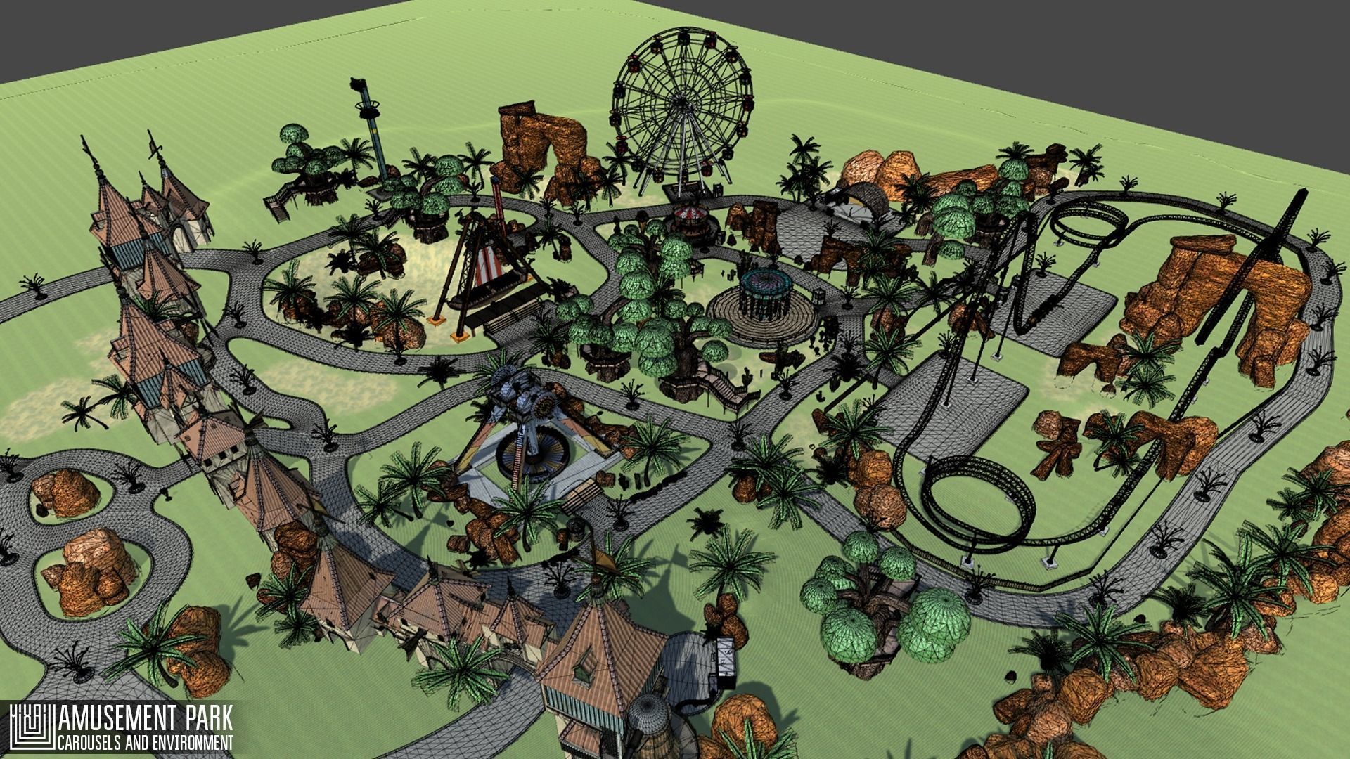 Amusement park - attractions  carousels and environment Low-poly 3D model_15