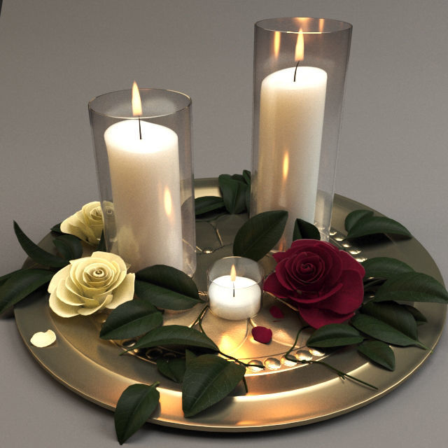 Decorative Set three candles and roses on tray Free 3D model_1