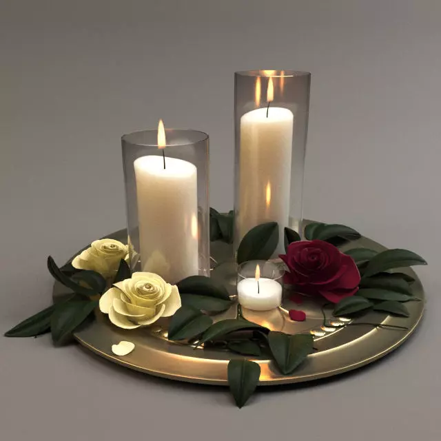 Decorative Set three candles and roses on tray Free 3D model_0