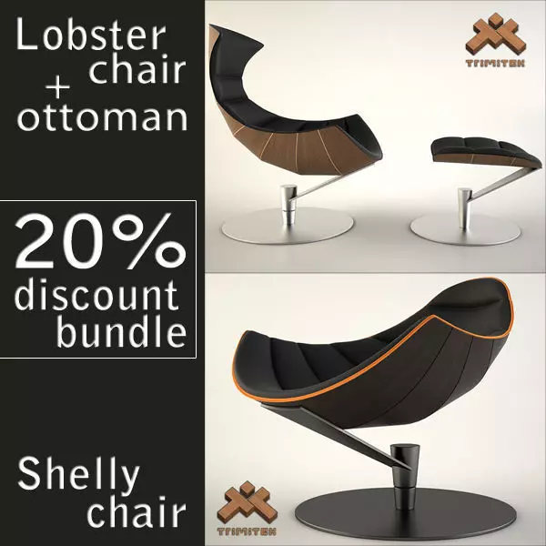 Lobster chair with ottoman and Shelly chair bundle 3D Model Collection_0