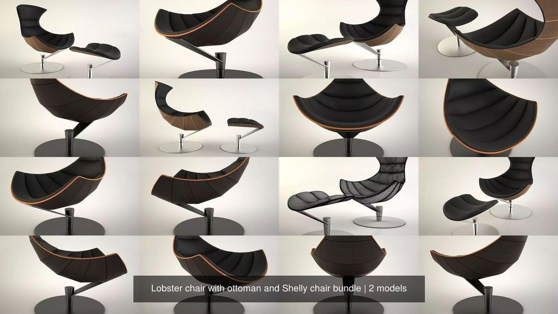 Lobster chair with ottoman and Shelly chair bundle 3D Model Collection_1