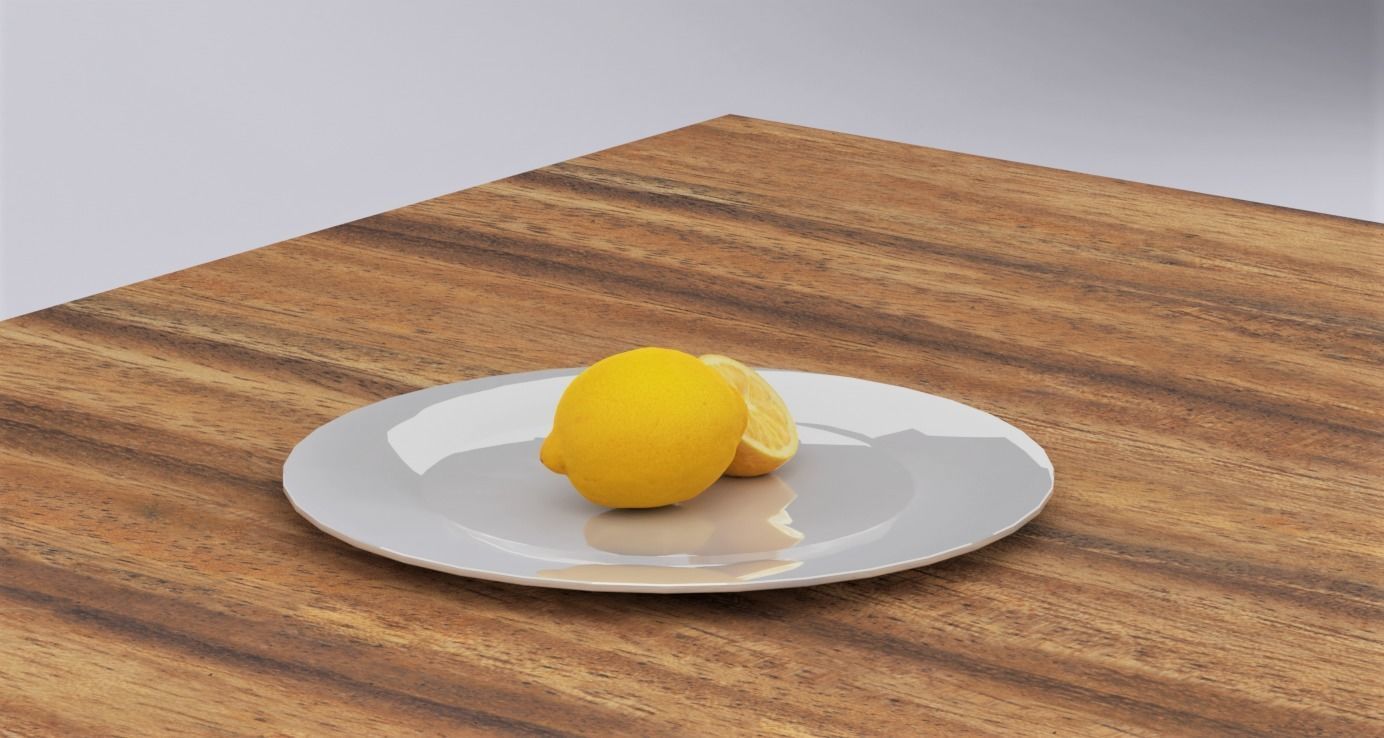 Lemon on plate on wooden table Low-poly 3D model_1
