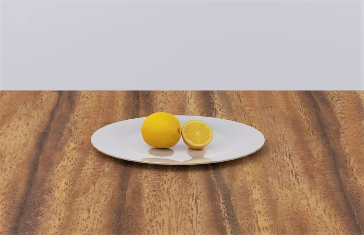 Lemon on plate on wooden table Low-poly 3D model_0