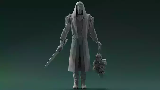 Warrior man in trench coat holding knife