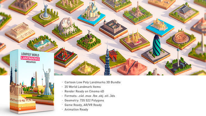Polygonia Cartoon Low Poly Landmarks Mega Pack  Low-poly 3D model