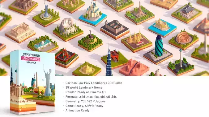Polygonia Cartoon Low Poly Landmarks Mega Pack  Low-poly 3D model