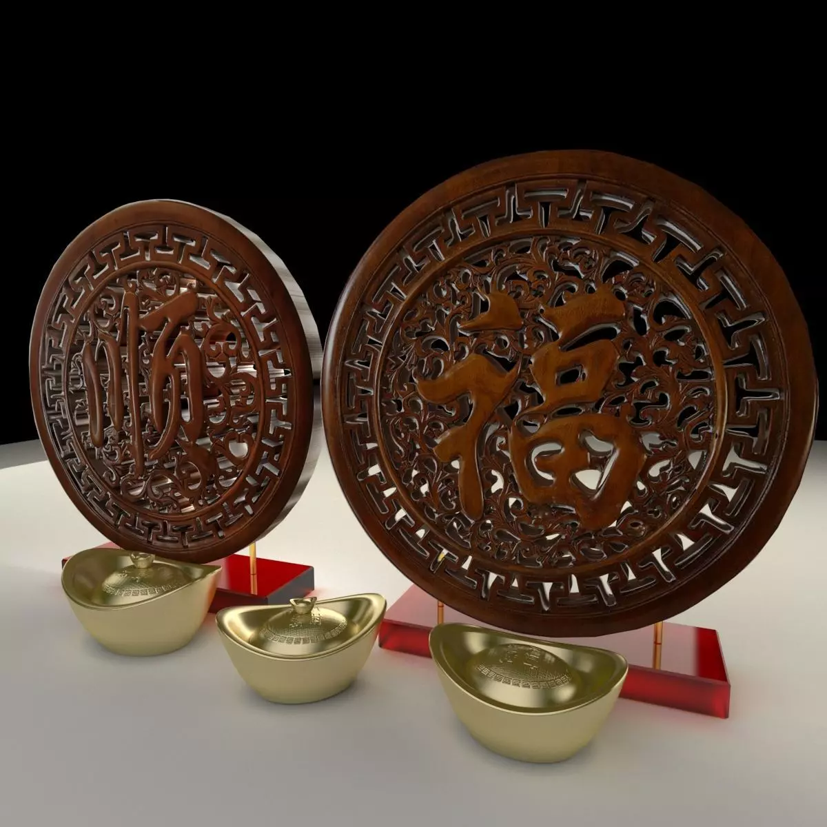 Chinese yuanbao with fu carving pattern 3D model