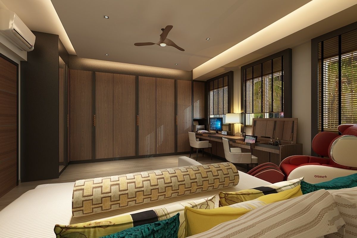 Bedroom Model with wooden flooring and ceiling fan 3D model_1