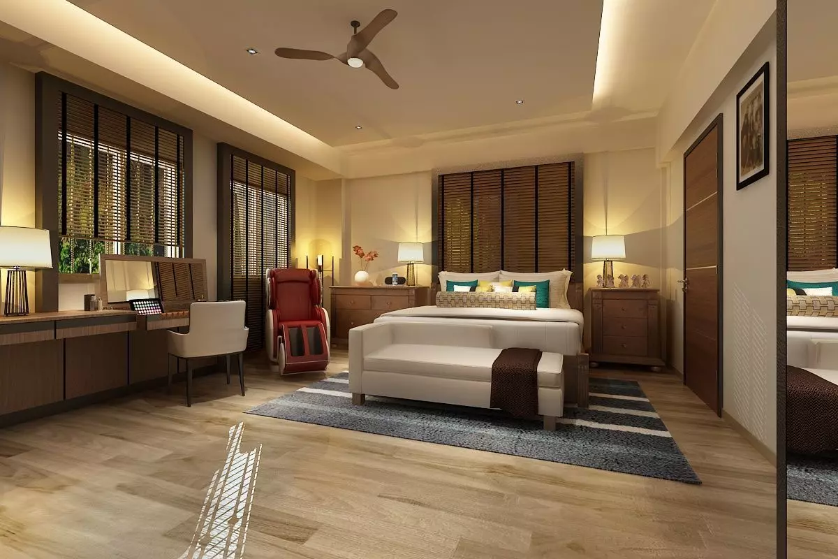 Bedroom Model with wooden flooring and ceiling fan 3D model_0
