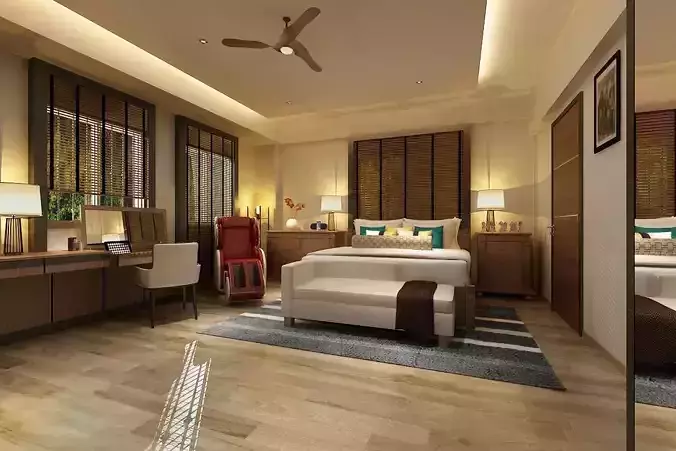 Bedroom Model with wooden flooring and ceiling fan