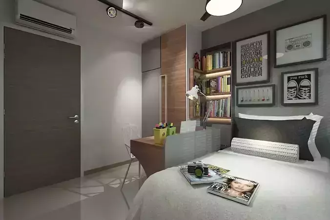 Bedroom with bed and bookshelf