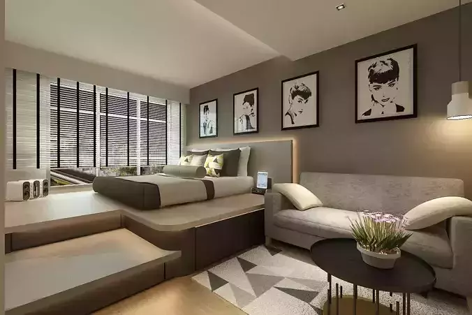 Bedroom modern living room with bed and sofa