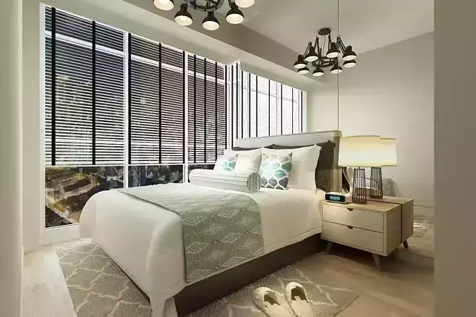 Bedroom modern with wooden floors and windows