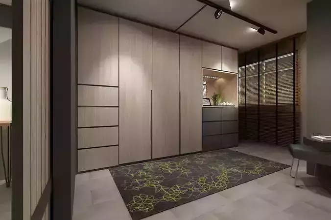 Bedroom hallway with wooden cabinets and rug