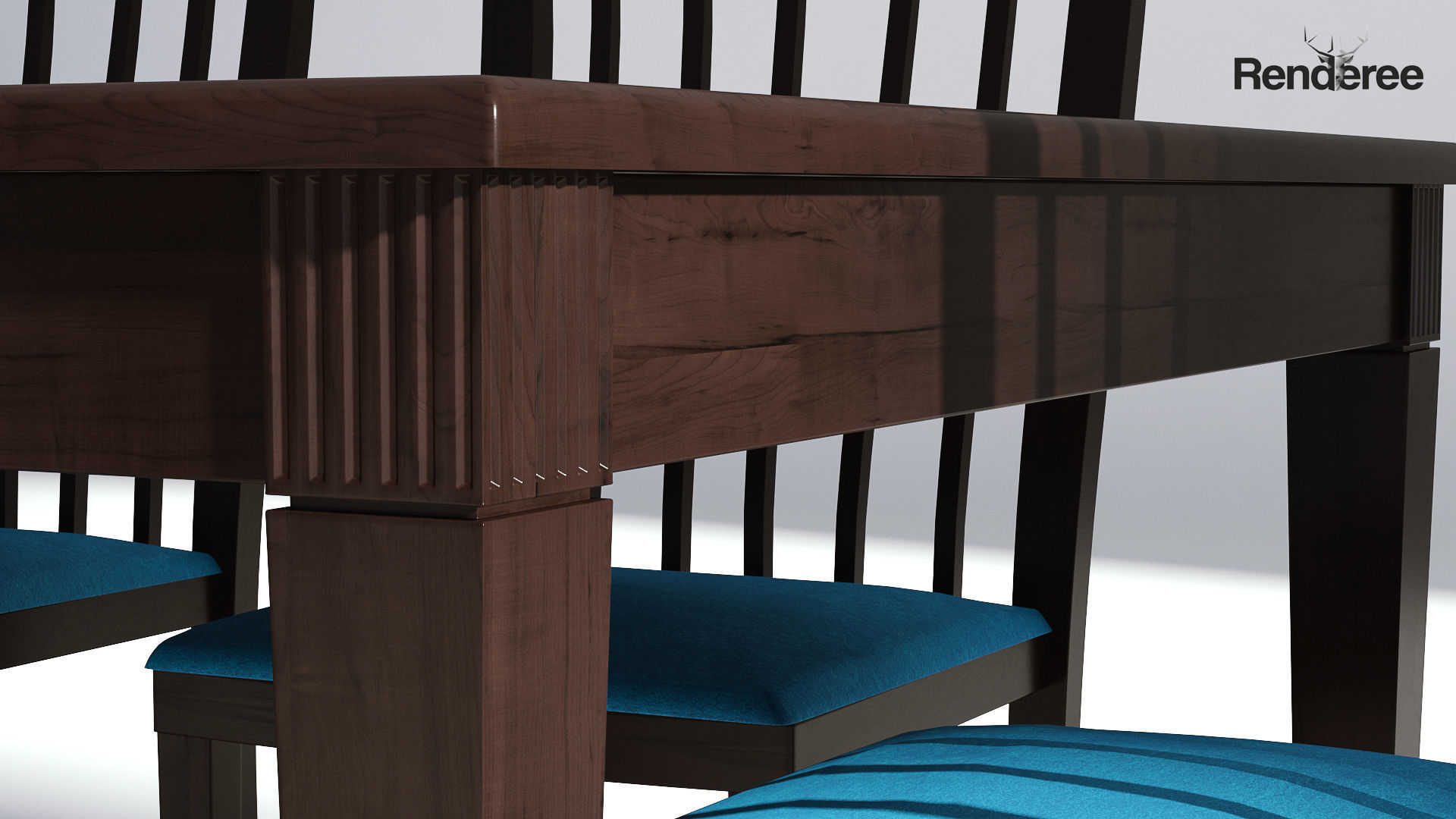 Dark Wooden Dining Set - 6 Chairs and Table 3D model_5