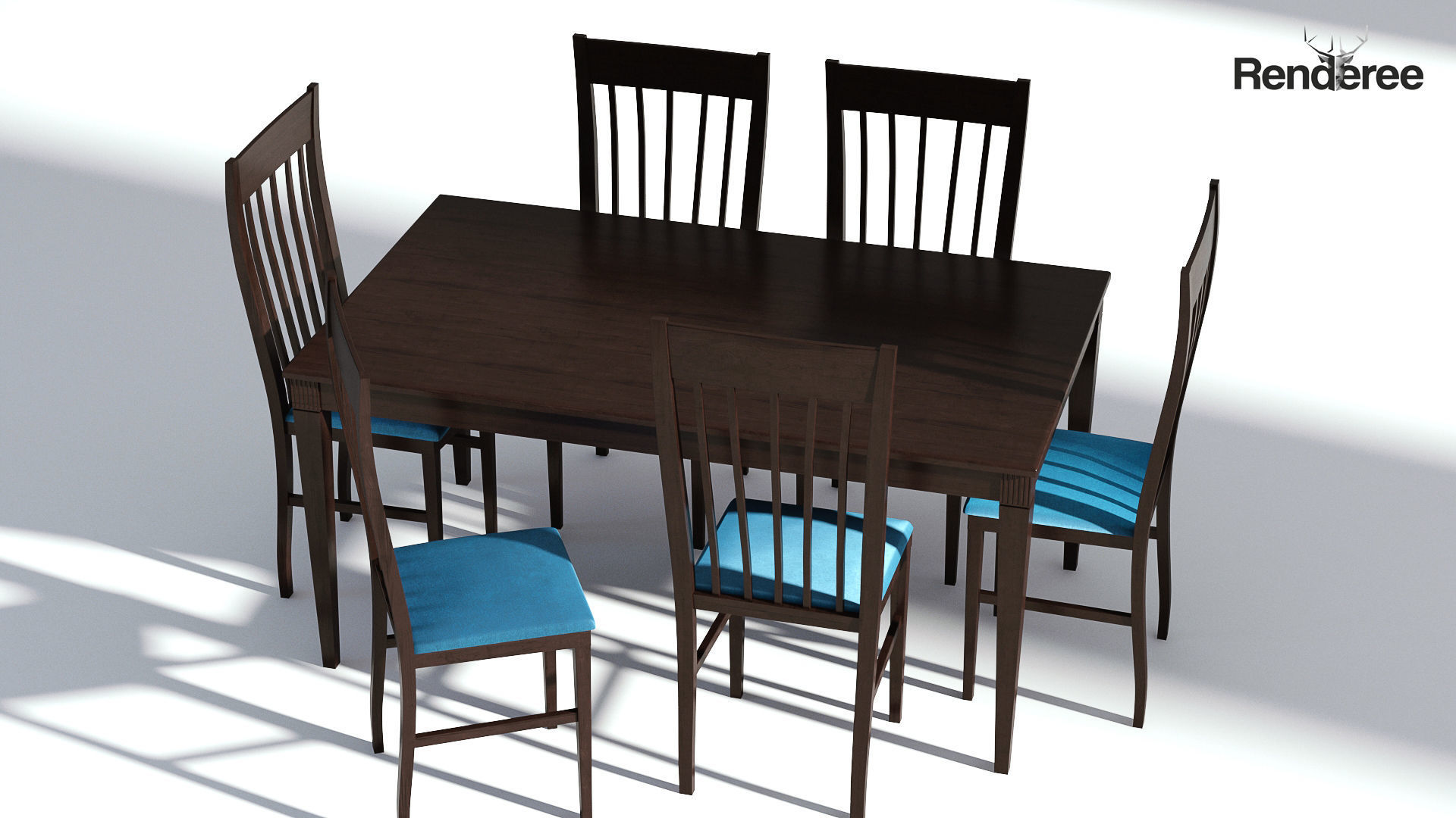 Dark Wooden Dining Set - 6 Chairs and Table 3D model_2