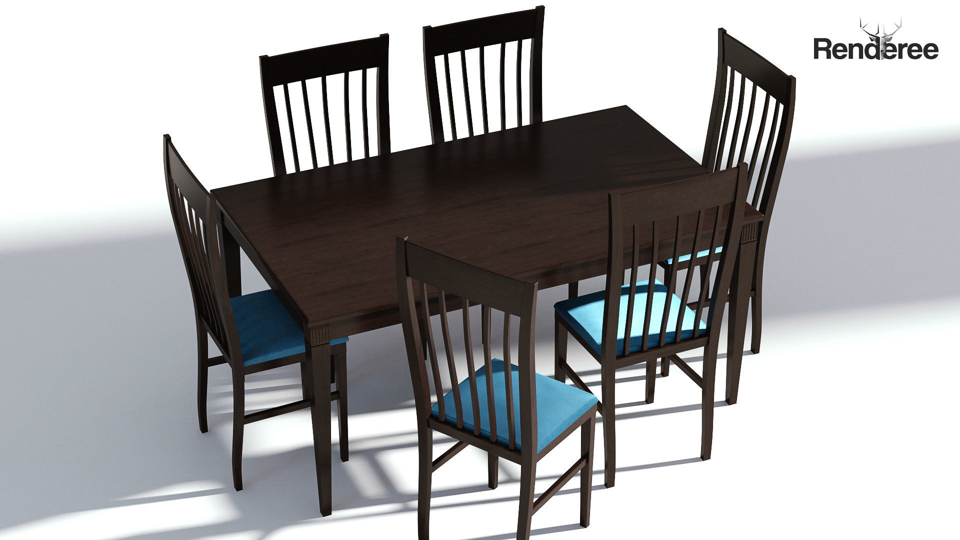 Dark Wooden Dining Set - 6 Chairs and Table 3D model_1