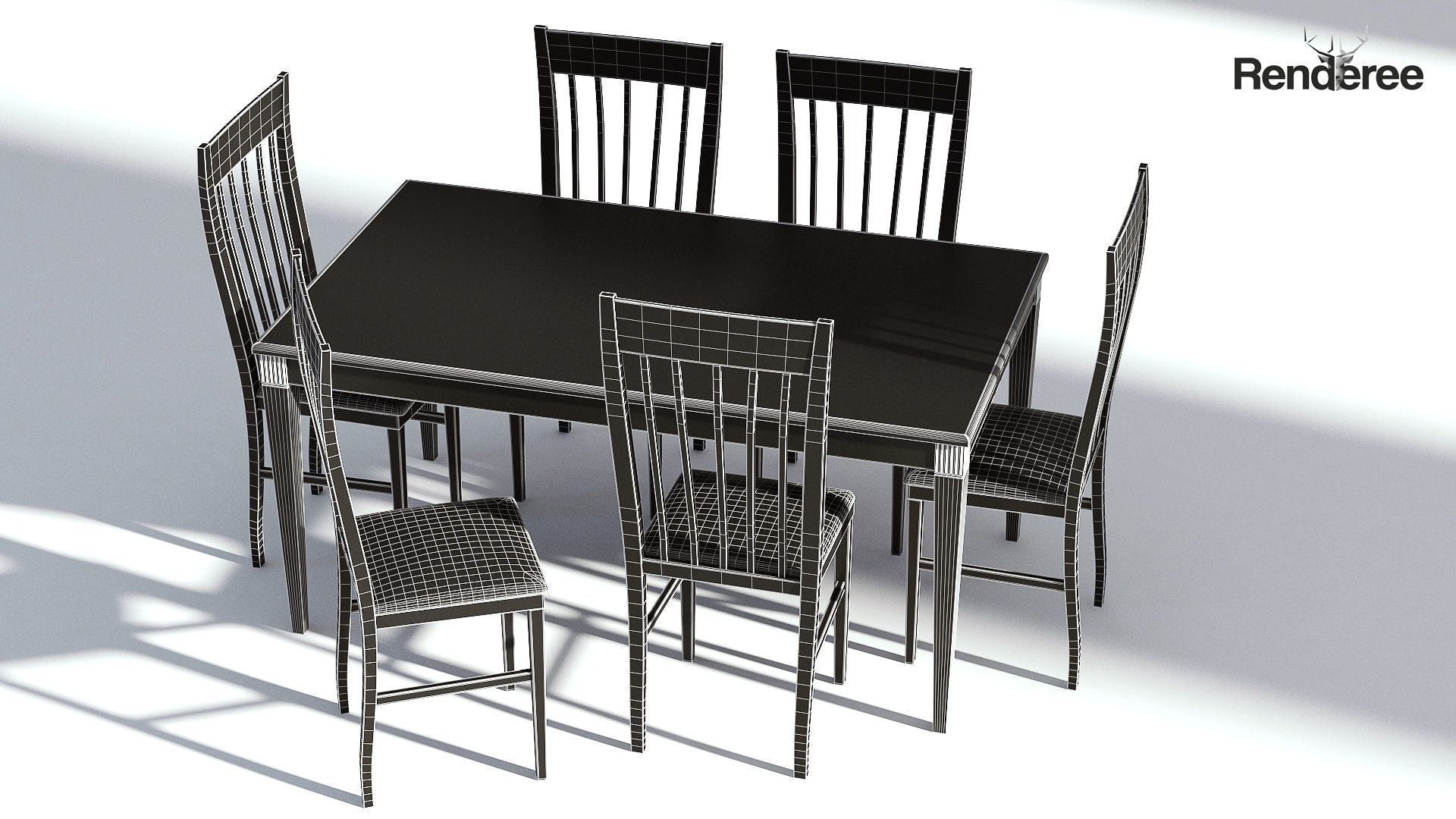 Dark Wooden Dining Set - 6 Chairs and Table 3D model_7