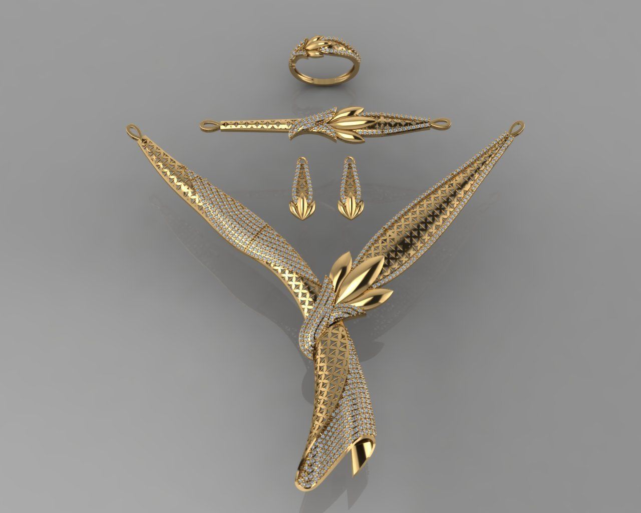 GC GOLD S001 - Diamond necklace earring ring bracelet gold set 3D print model_3