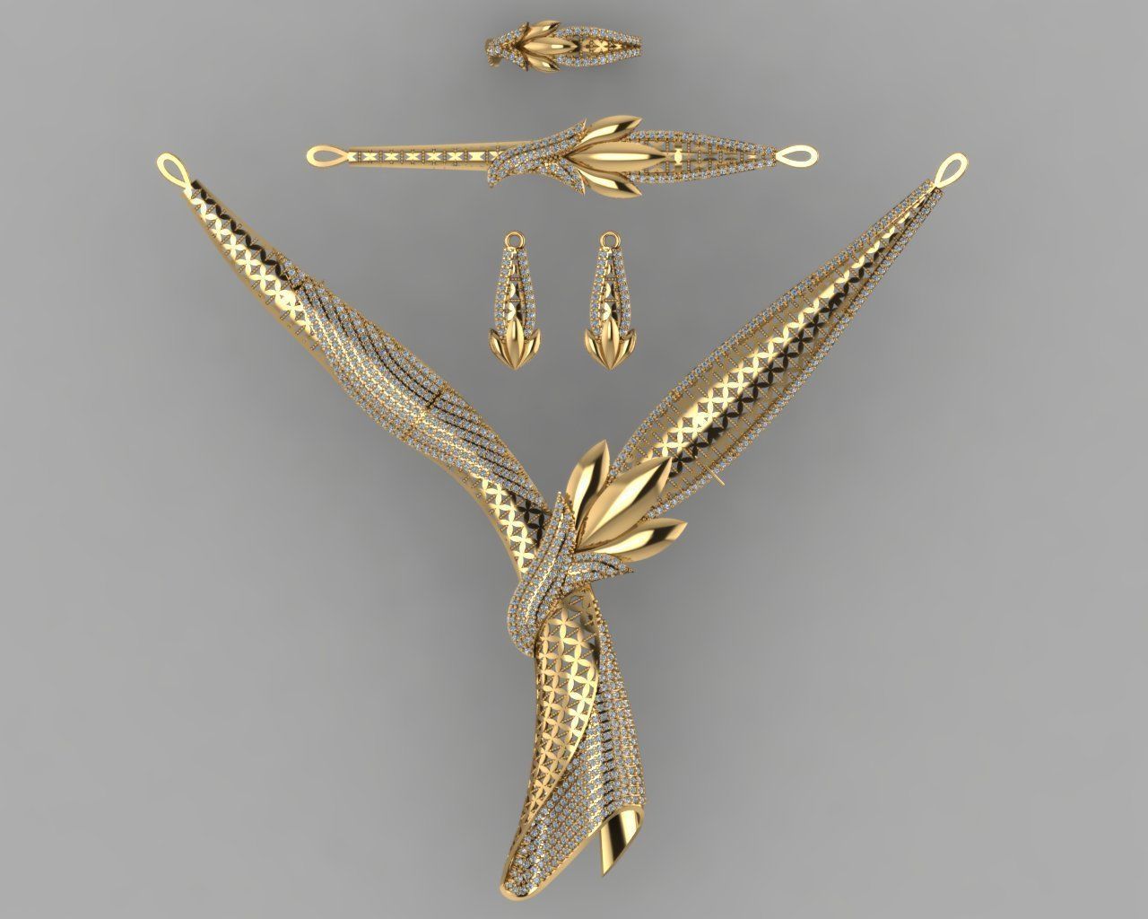 GC GOLD S001 - Diamond necklace earring ring bracelet gold set 3D print model_1