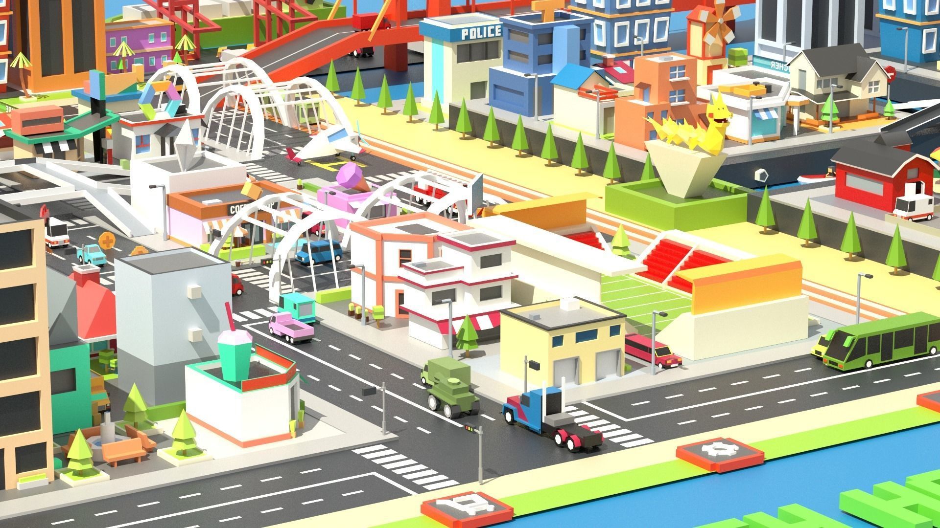 Traffic city Low-poly 3D model_4