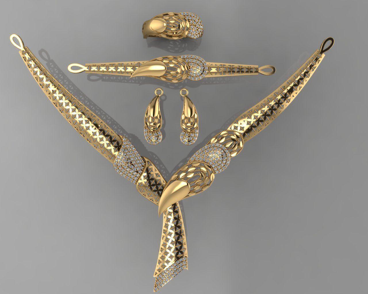 GC GOLD S002 - Diamond necklace earring ring bracelet gold set 3D print model_1