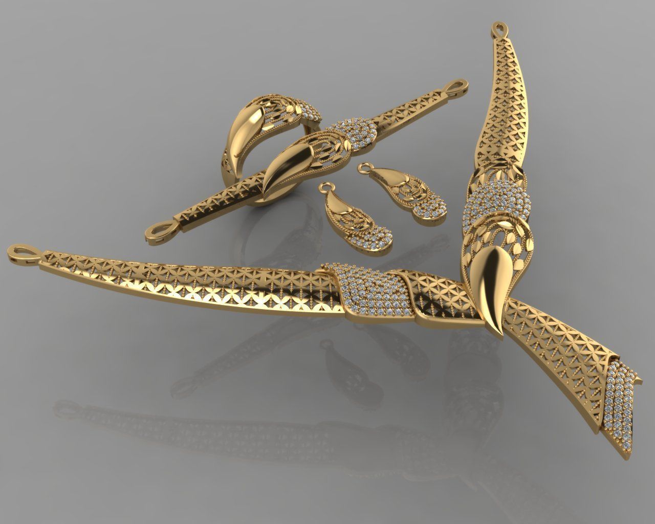 GC GOLD S002 - Diamond necklace earring ring bracelet gold set 3D print model_2