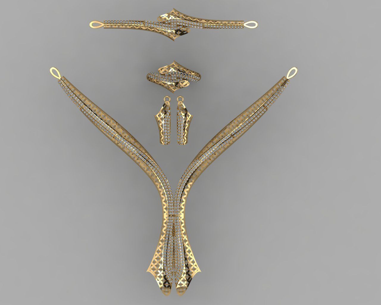 GC GOLD S003 - Diamond necklace earring ring bracelet gold set 3D print model_1
