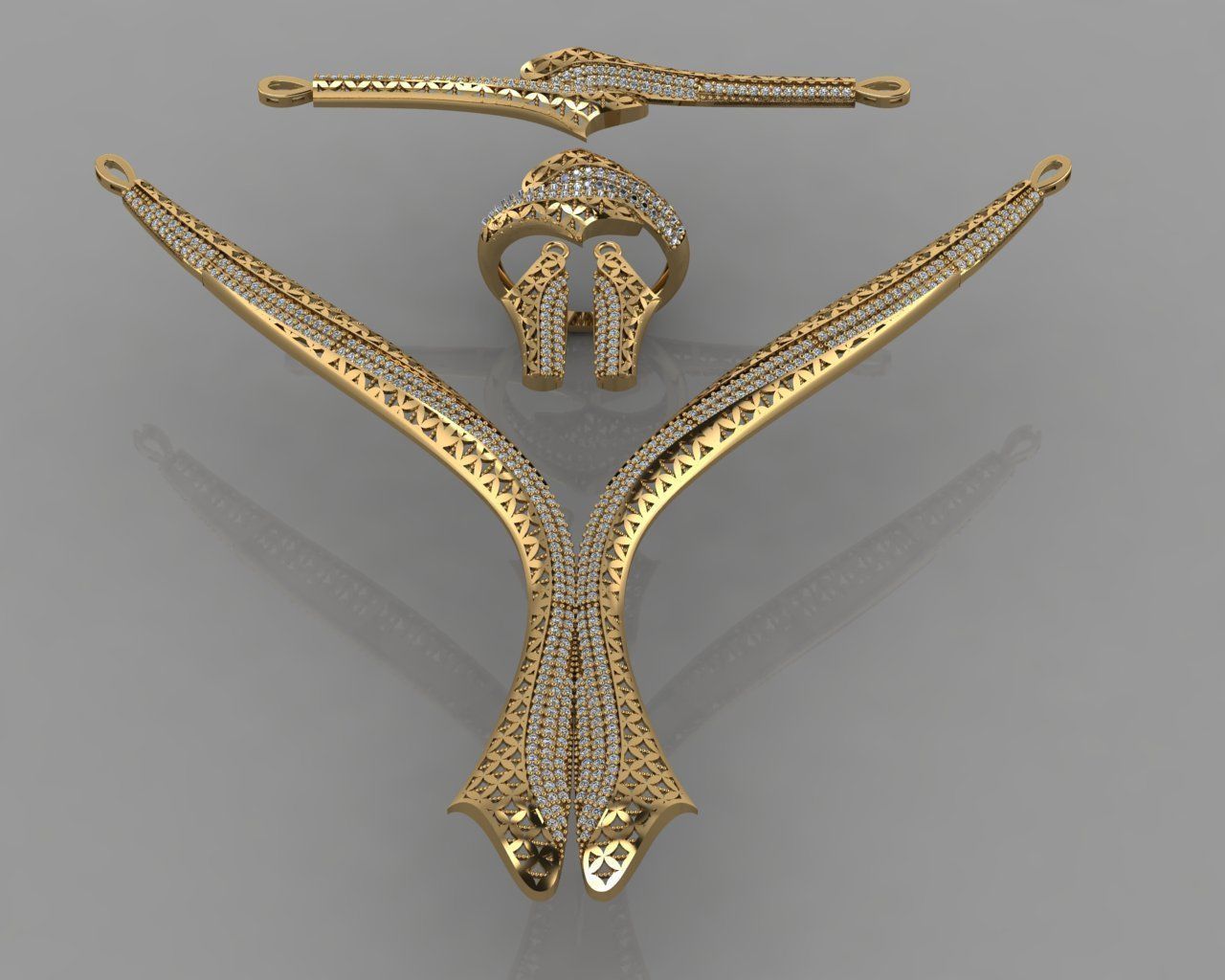 GC GOLD S003 - Diamond necklace earring ring bracelet gold set 3D print model_3