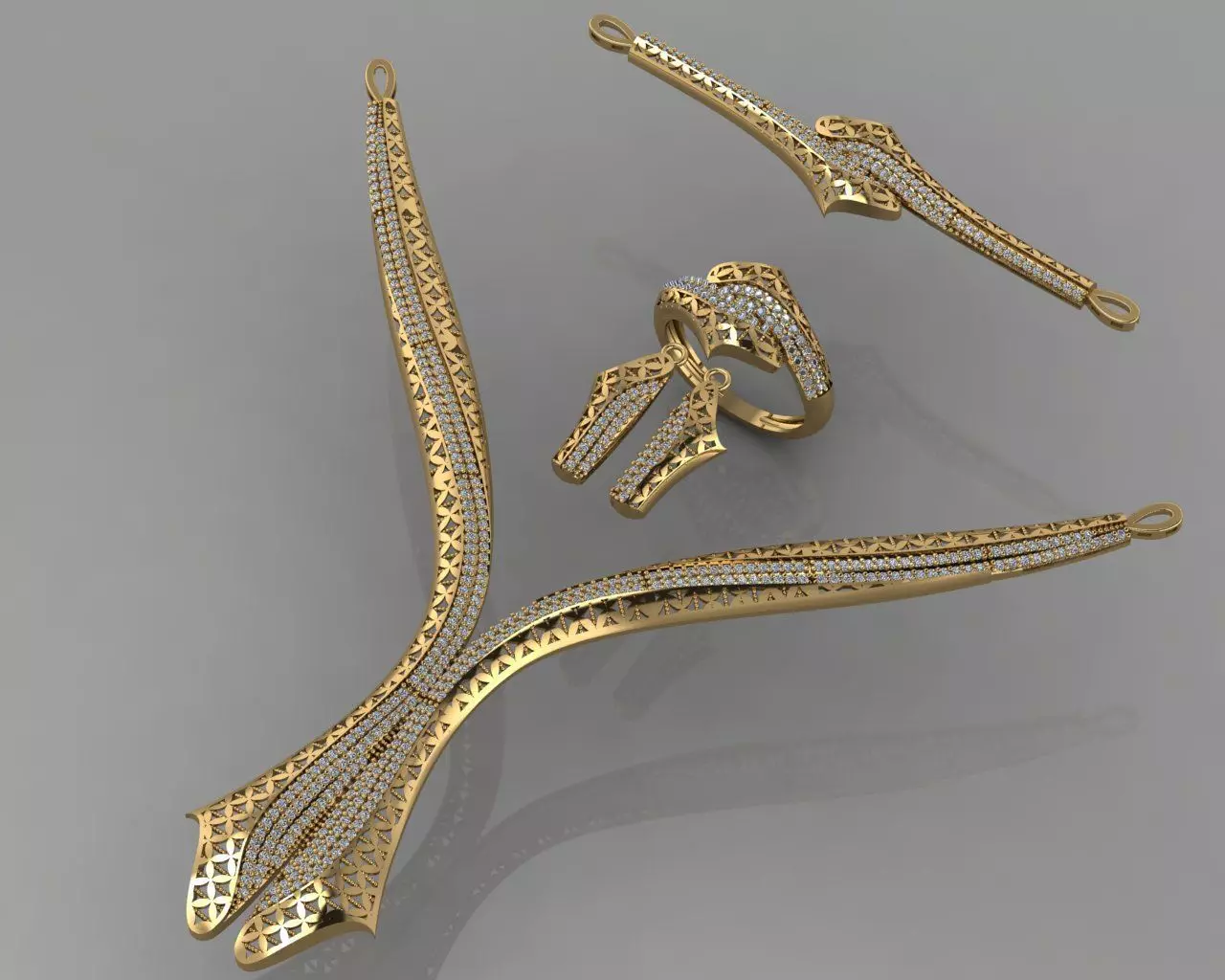 GC GOLD S003 - Diamond necklace earring ring bracelet gold set 3D print model_0