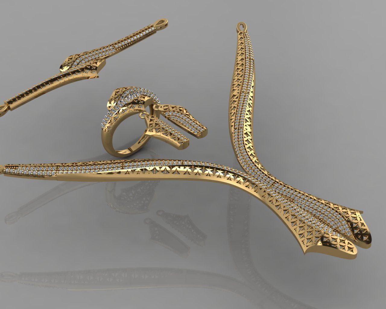 GC GOLD S003 - Diamond necklace earring ring bracelet gold set 3D print model_2