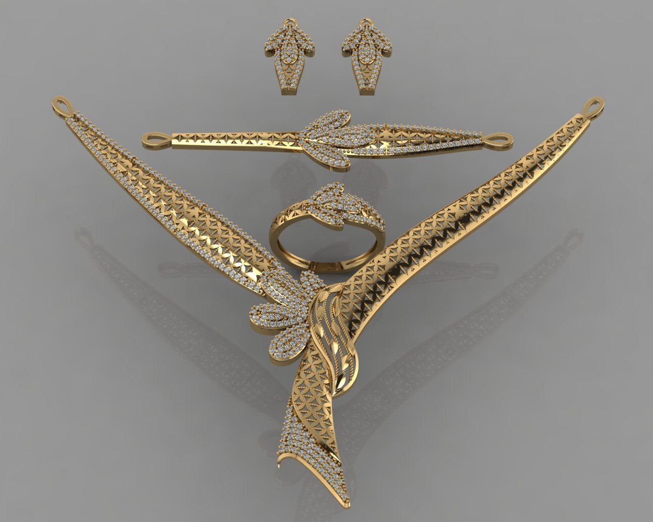 GC GOLD S004 - Diamond necklace earring ring bracelet gold set 3D print model_3