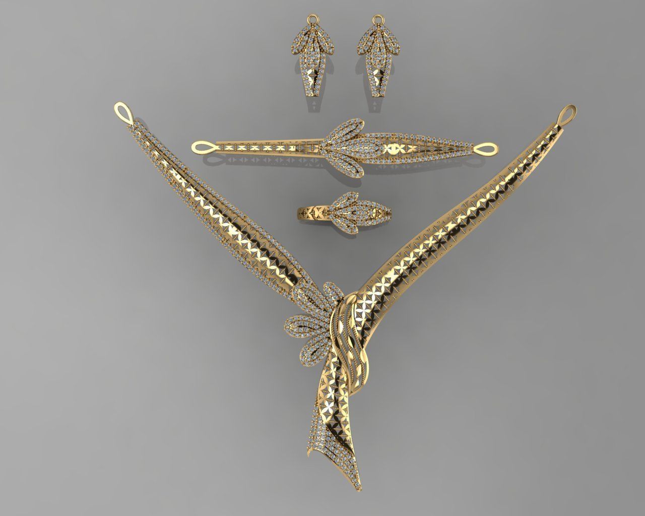 GC GOLD S004 - Diamond necklace earring ring bracelet gold set 3D print model_2
