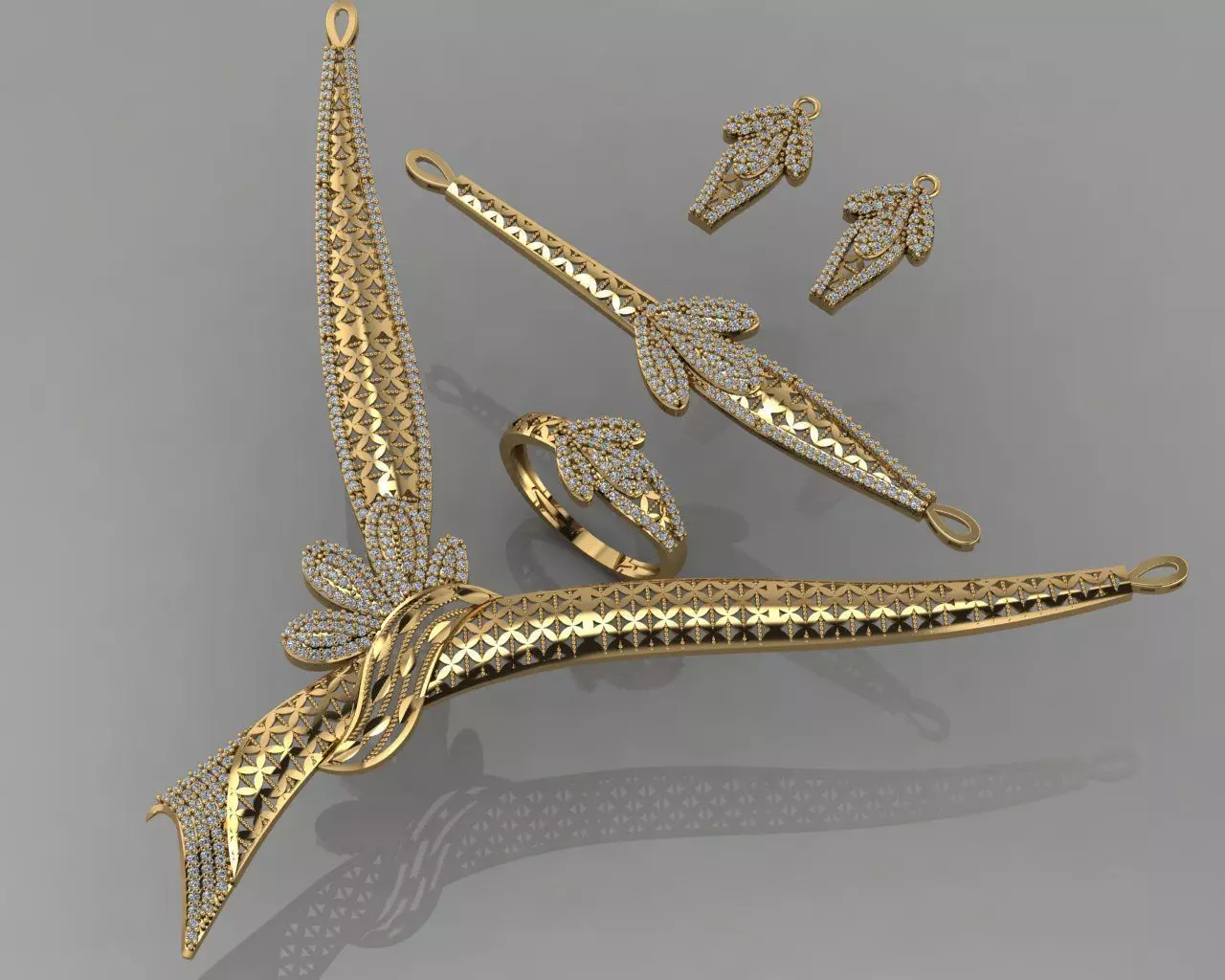 GC GOLD S004 - Diamond necklace earring ring bracelet gold set 3D print model_0