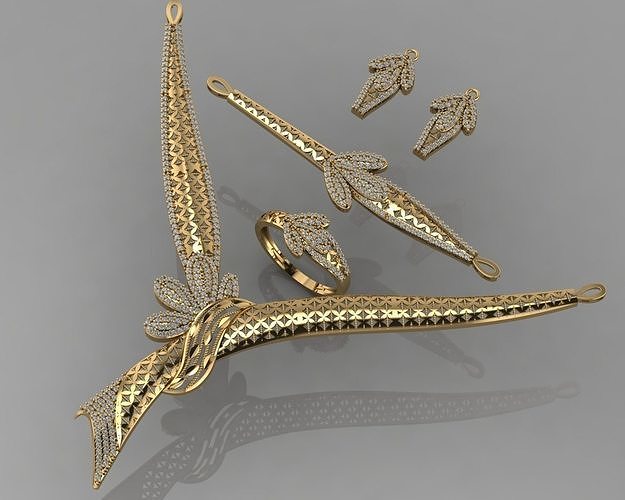 GC GOLD S004 - Diamond necklace earring ring bracelet gold set 3D print model
