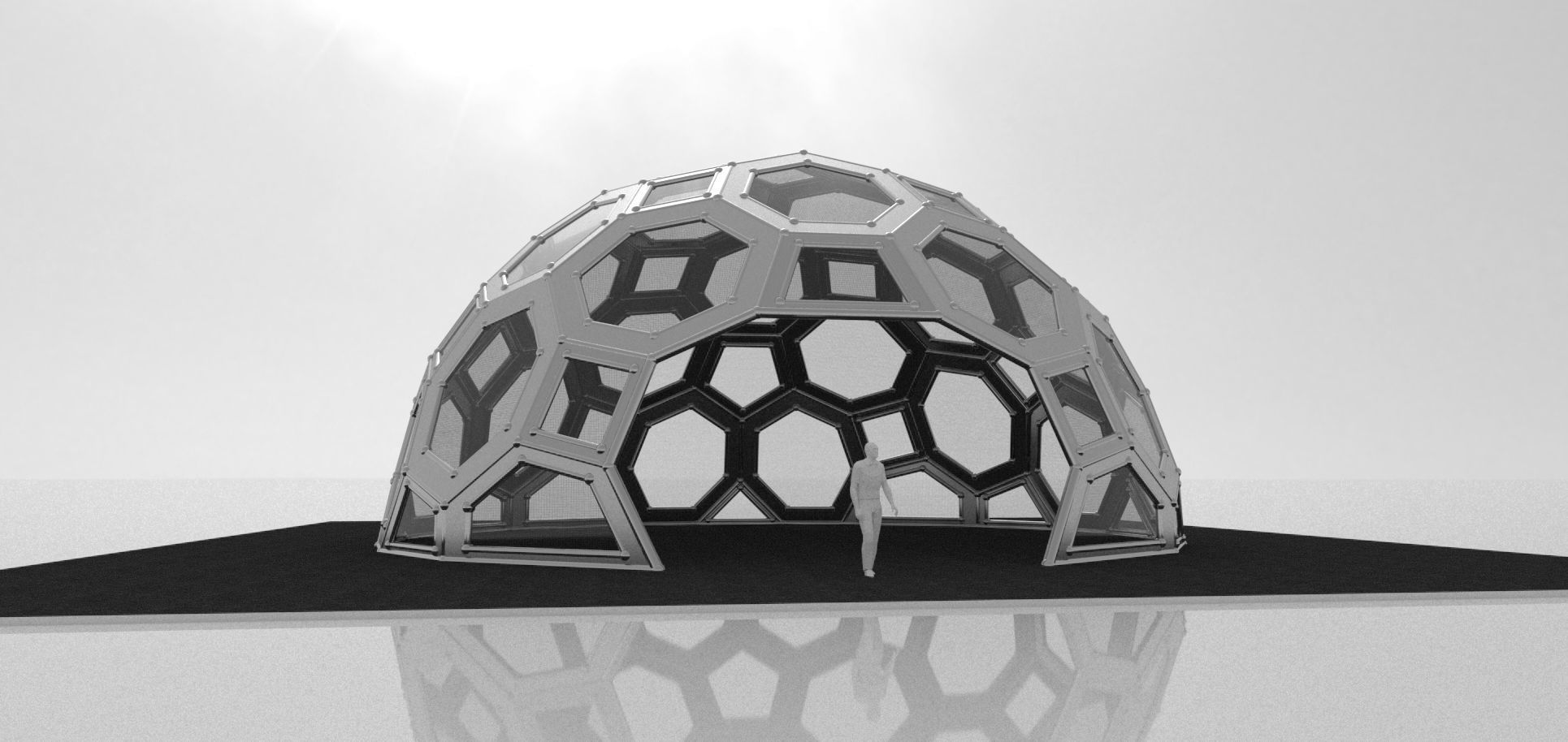Geodesic Dome with square and pentagonal frame and glass panels 3D model_10