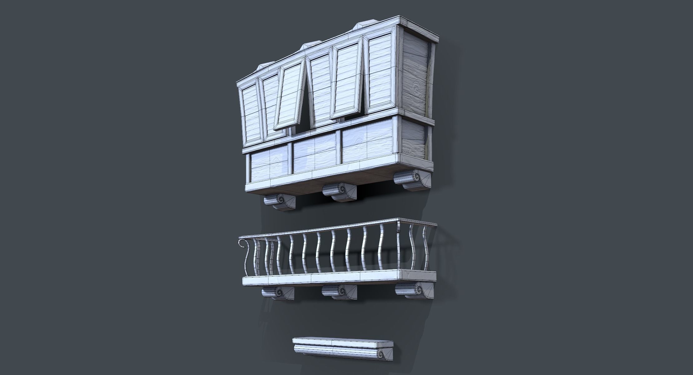 Cartoon Balconies and Cornice Low-poly 3D model_6